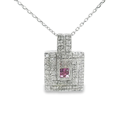 Vintage Style Square Diamond and Pink Sapphire Pendant in 14K White Gold