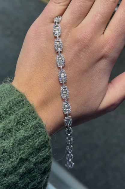 Baguette and Round Cut Fancy Diamond Tennis Bracelet in 18K White Gold