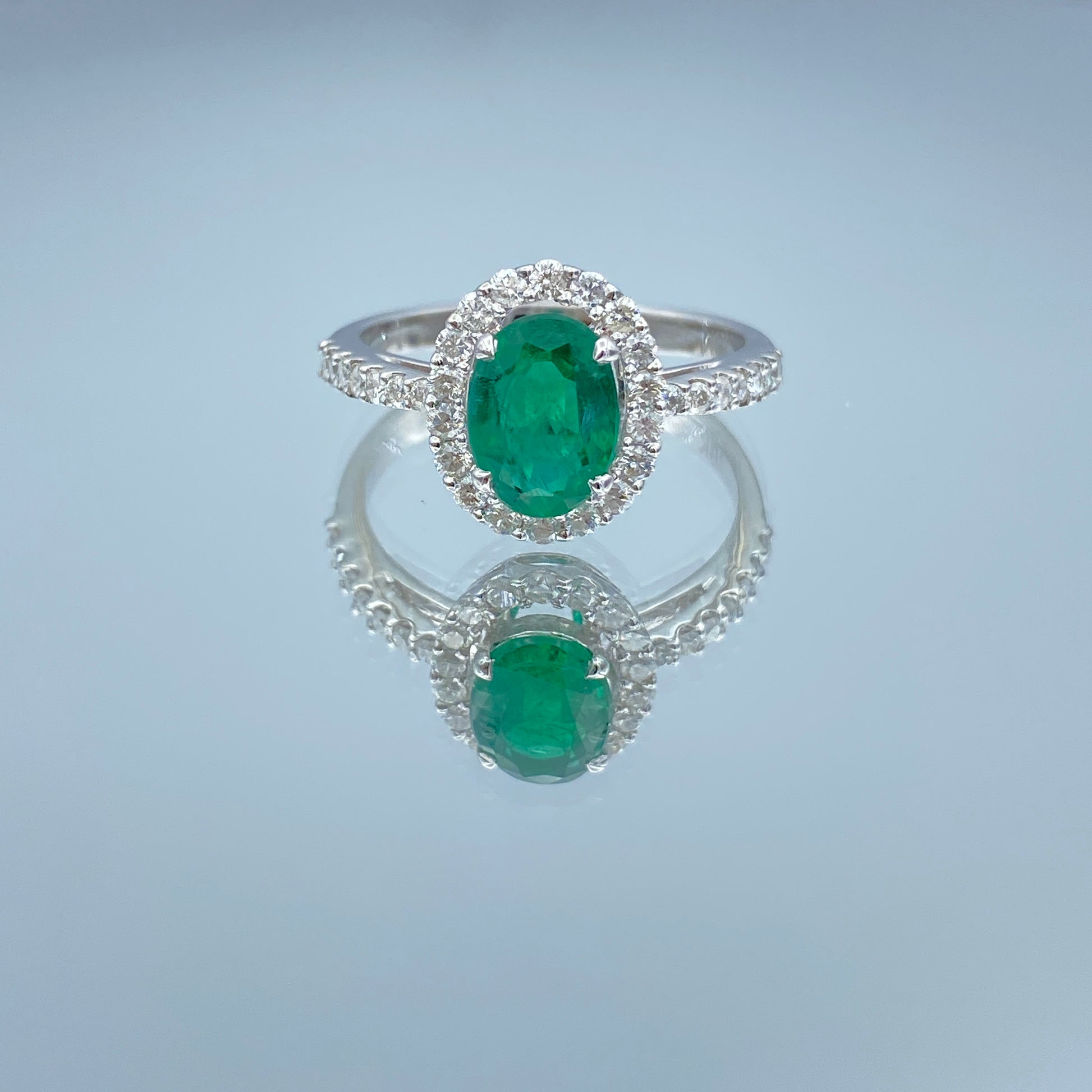 Halo Green Emerald and Diamond Ring in 18K White Gold - L and L Jewelry