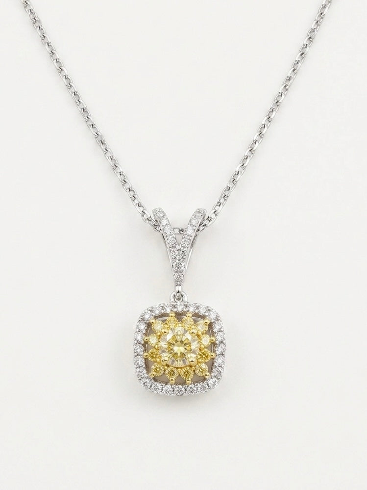 Yellow Diamond Sunburst Halo Pendant in 18K Gold