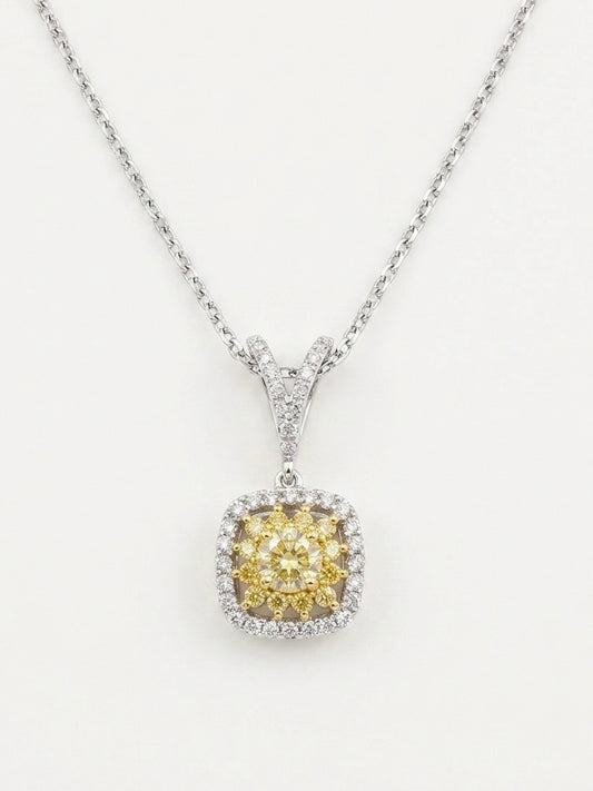 Yellow Diamond Sunburst Halo Pendant in 18K Gold