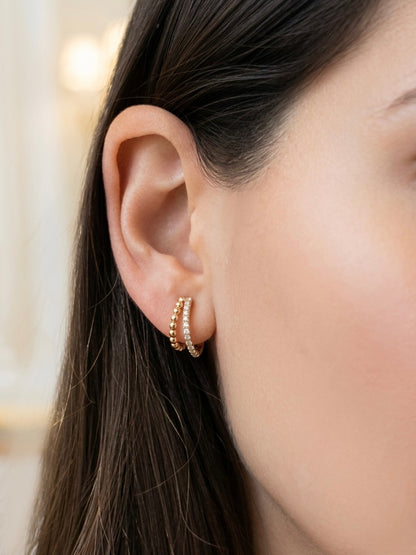 Double Row Beaded Diamond Huggies in 14K Yellow Gold