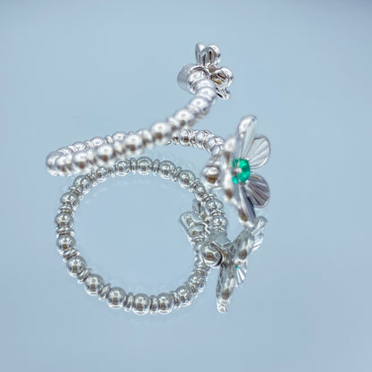 Beaded Double Flower Ring with an Emerald and Diamond Center in 14K White Gold - L and L Jewelry