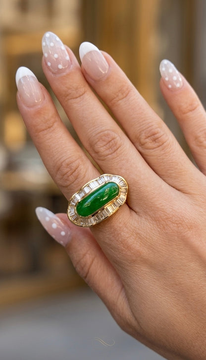 Antique Style Green Jade and Baguette Diamond Cocktail Ring in 18K Yellow Gold