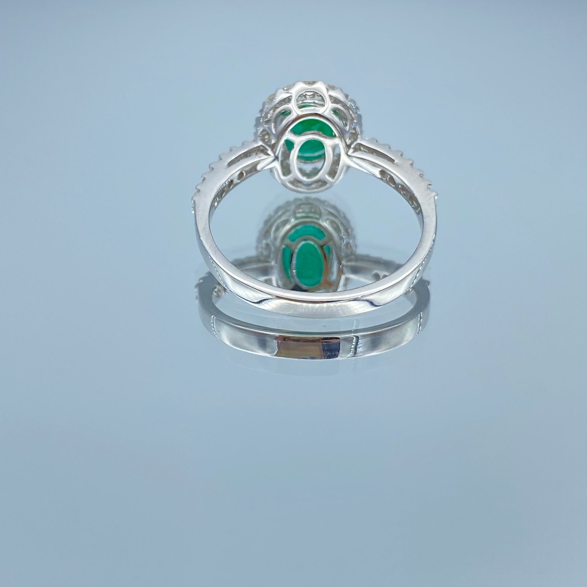 Halo Green Emerald and Diamond Ring in 18K White Gold - L and L Jewelry