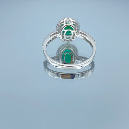 Halo Green Emerald and Diamond Ring in 18K White Gold - L and L Jewelry