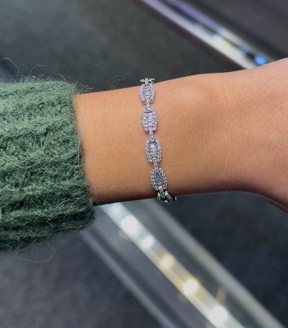 Baguette and Round Cut Fancy Diamond Tennis Bracelet in 18K White Gold