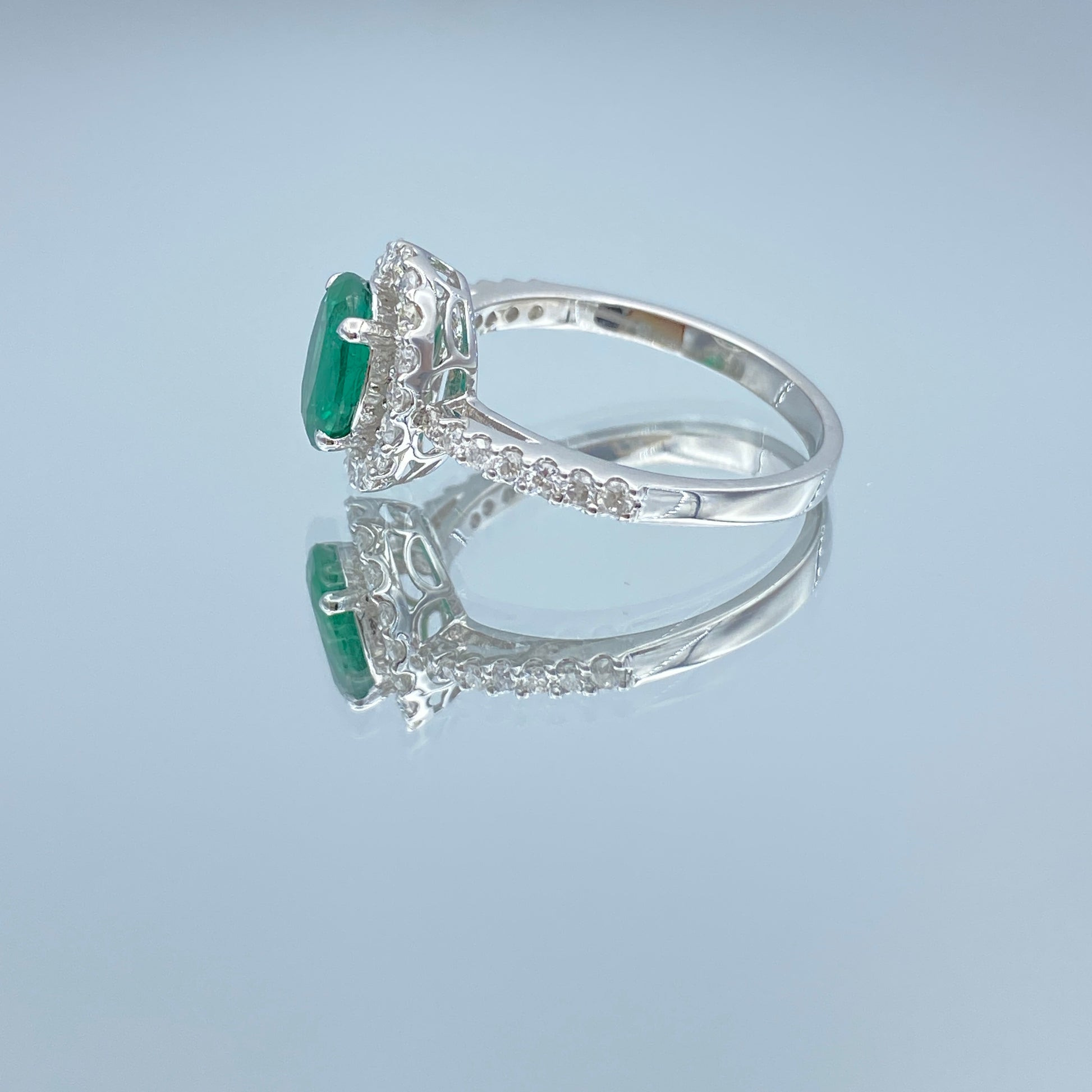 Halo Green Emerald and Diamond Ring in 18K White Gold - L and L Jewelry