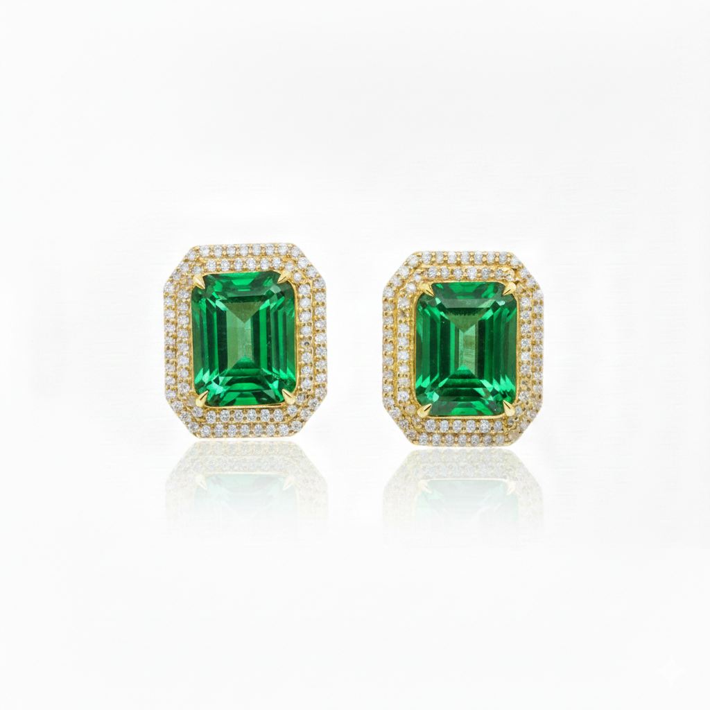 Double Diamond Halo and Green Emerald Stud Earrings