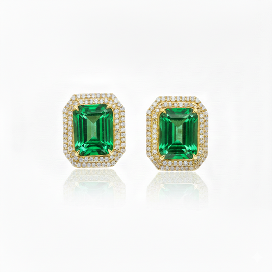 Double Diamond Halo and Green Emerald Stud Earrings