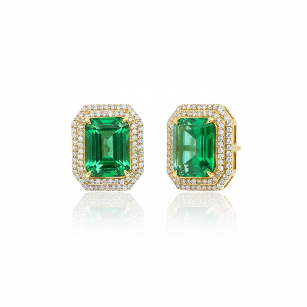Double Diamond Halo and Green Emerald Stud Earrings
