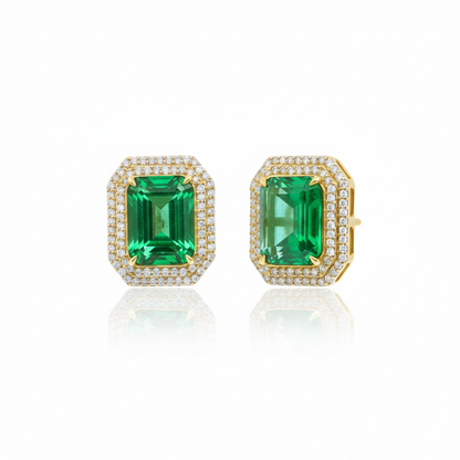 Double Diamond Halo and Green Emerald Stud Earrings