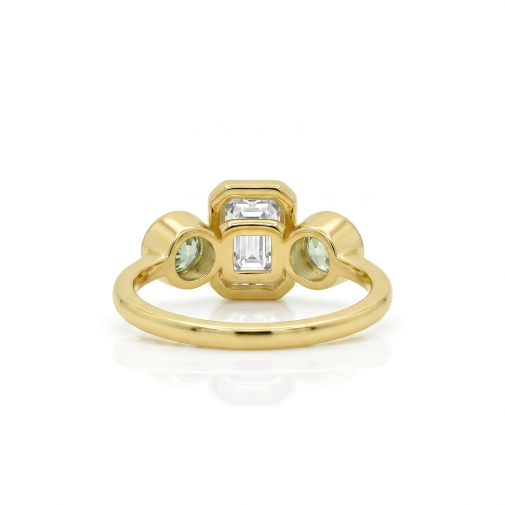 Three Stone Emerald Center Diamond Engagement Ring in 14K Yellow Gold