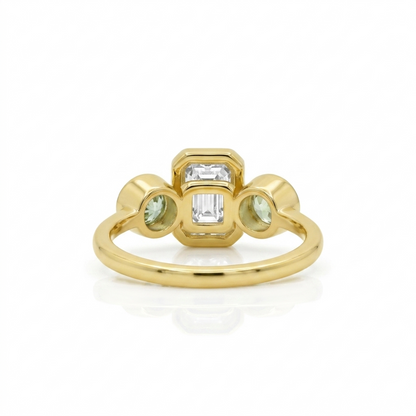 Three Stone Emerald Center Diamond Engagement Ring in 14K Yellow Gold