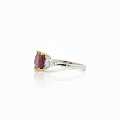 East West Cushion Cut Ruby and Diamond Two Tone Ring