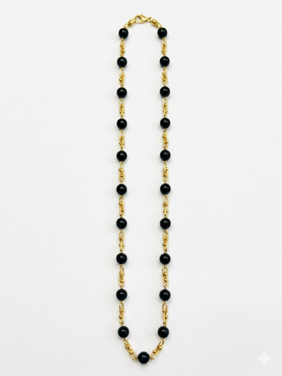 Black Onyx Beaded Link Necklace in 18K Yellow Gold
