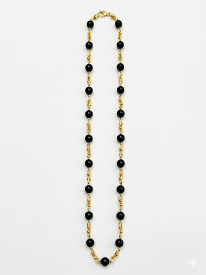 Black Onyx Beaded Link Necklace in 18K Yellow Gold