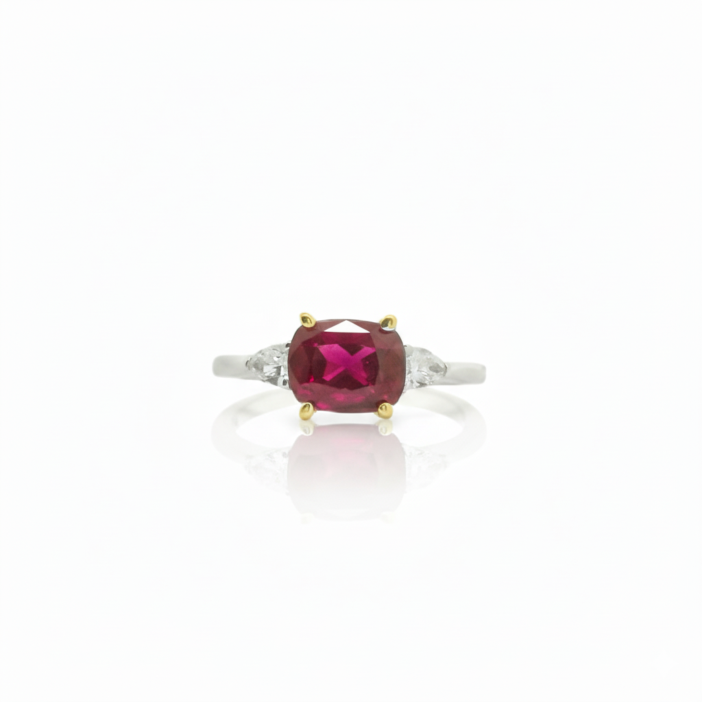 East West Cushion Cut Ruby and Diamond Two Tone Ring