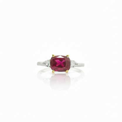 East West Cushion Cut Ruby and Diamond Two Tone Ring