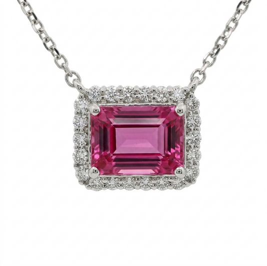 Emerald Cut Pink Sapphire & Diamond Necklace in 14K White Gold