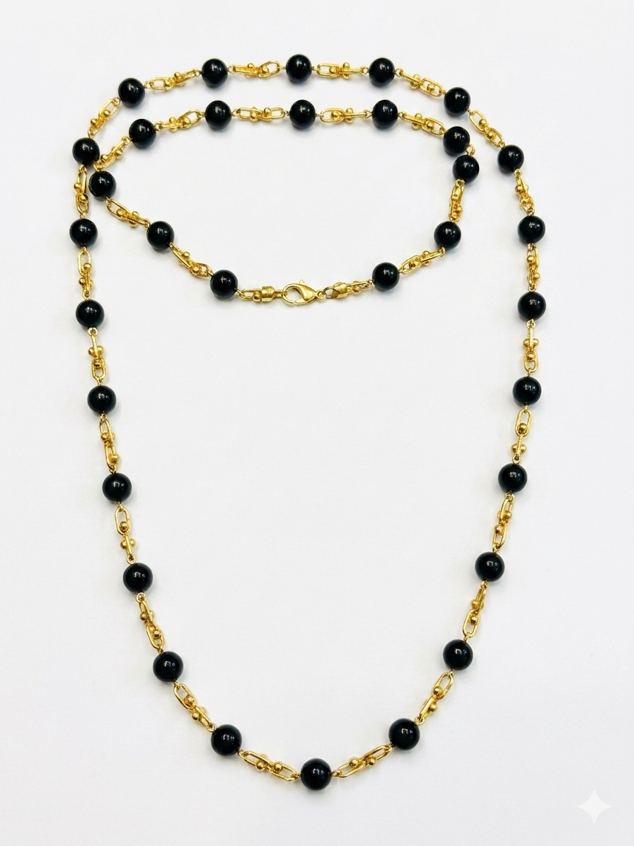 Black Onyx Beaded Link Necklace in 18K Yellow Gold