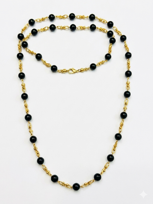 Black Onyx Beaded Link Necklace in 18K Yellow Gold