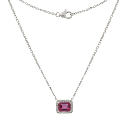 Emerald Cut Pink Sapphire & Diamond Necklace in 14K White Gold