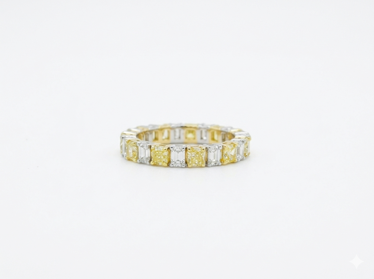 Cushion and Emerald-Cut Yellow and White Diamond Eternity Band