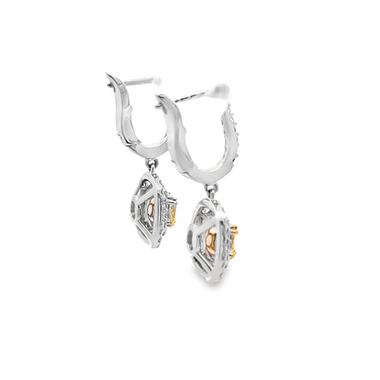 Yellow Diamond and White Diamond Dangly Earrings in 14K White Gold