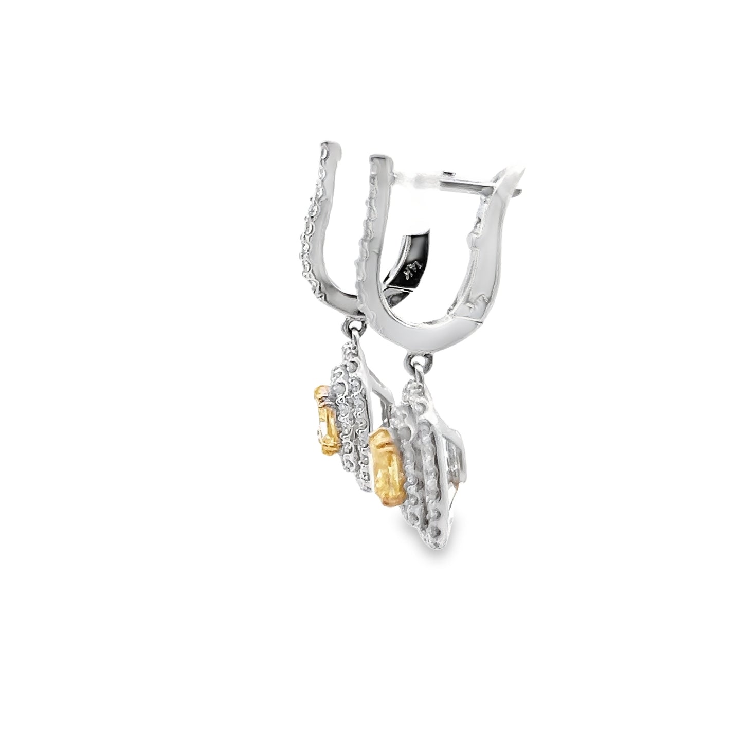 Yellow Diamond and White Diamond Dangly Earrings in 14K White Gold