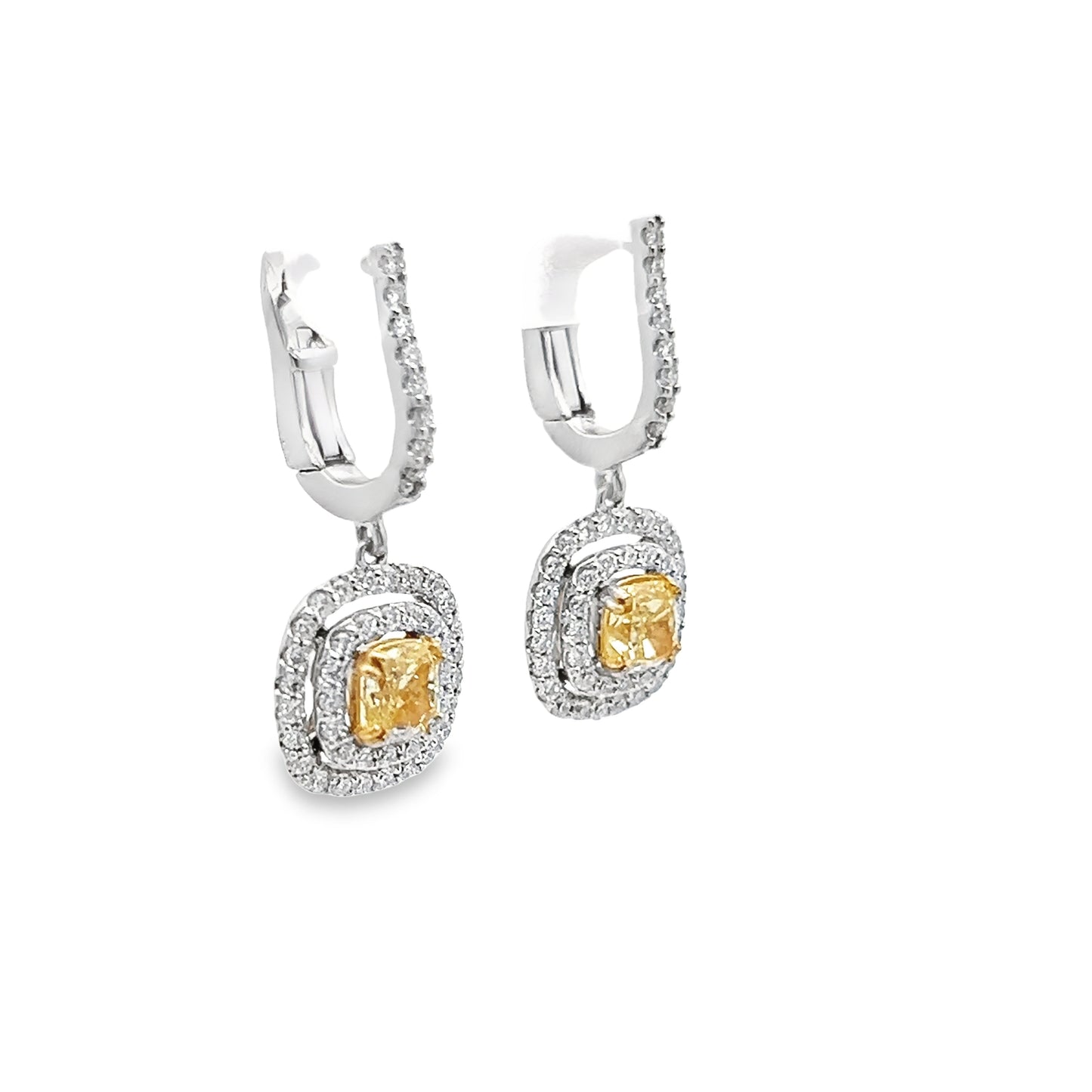 Yellow Diamond and White Diamond Dangly Earrings in 14K White Gold