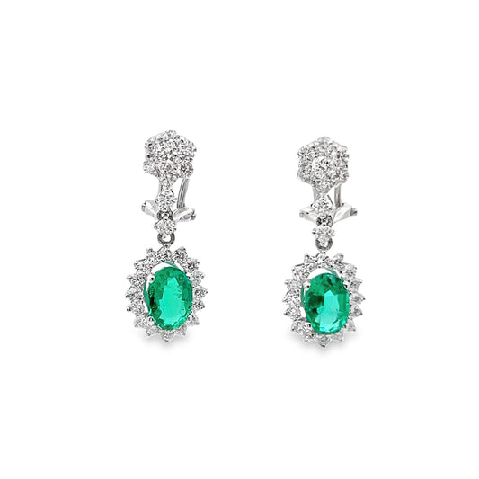 Emerald Dangle Earrings with Diamond Halo in 18K White Gold