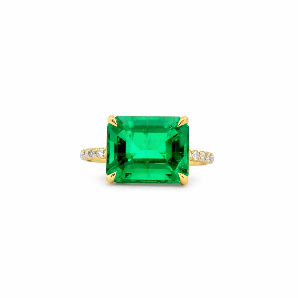Green Emerald-Cut Pave Diamond Statement Ring in 14K Gold