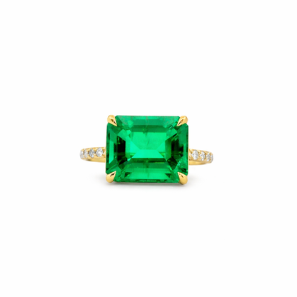 Green Emerald-Cut Pave Diamond Statement Ring in 14K Gold