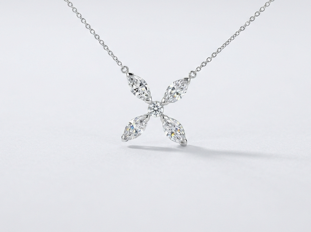 Marquise Butterfly Flower Diamond Necklace Pendant in 14K White Gold