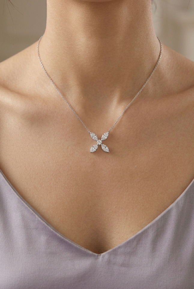 Marquise Butterfly Flower Diamond Necklace Pendant in 14K White Gold