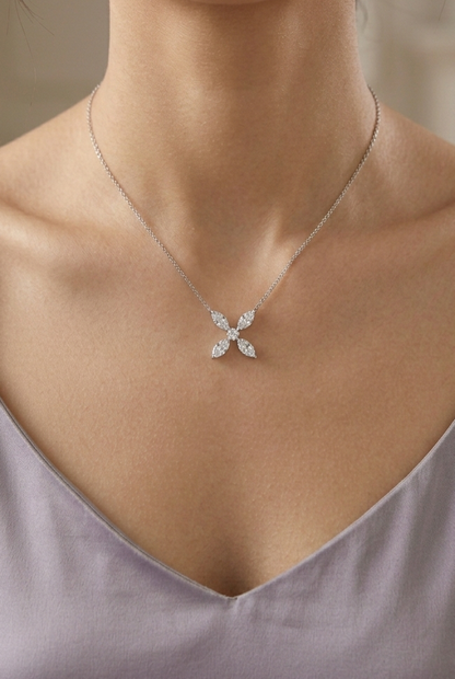 Marquise Butterfly Flower Diamond Necklace Pendant in 14K White Gold