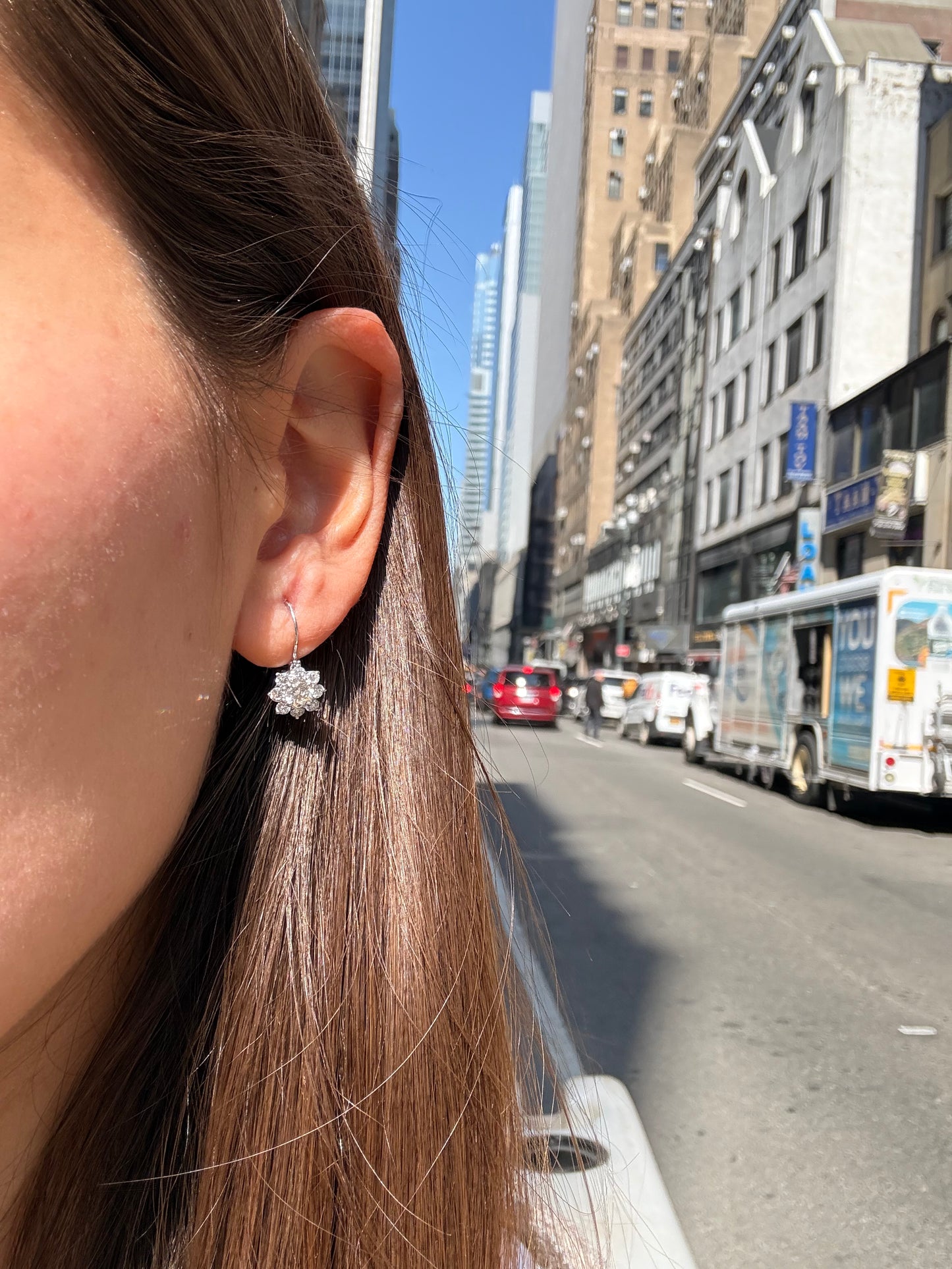 Round Cut Diamond Cluster Sunburst Drop Earrings