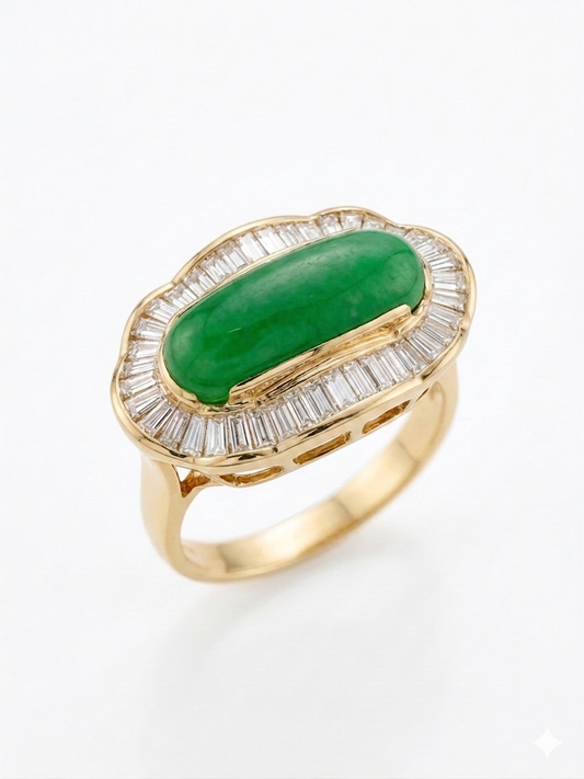 Antique Style Green Jade and Baguette Diamond Cocktail Ring in 18K Yellow Gold