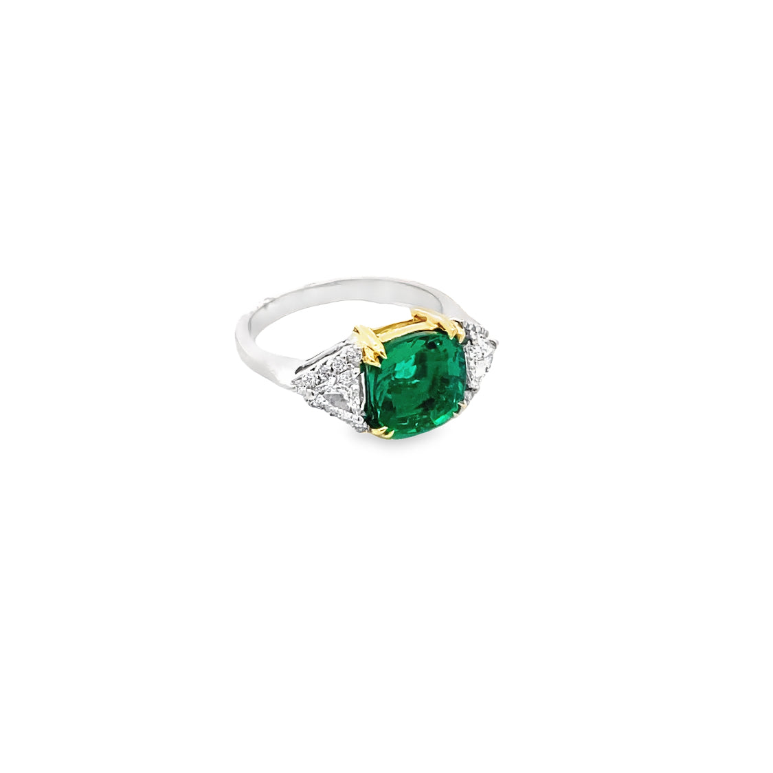 Cushion-Cut Emerald andTrillion-Cut Diamond Ring in 14K White Gold and 18K Yellow Gold