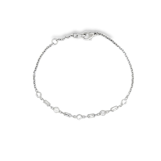 Round and Baguette Cut Diamond Bracelet in 14K White Gold