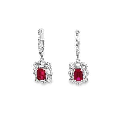 Ruby Leverback Drop Earrings with Double Diamond Halo in 14K White Gold