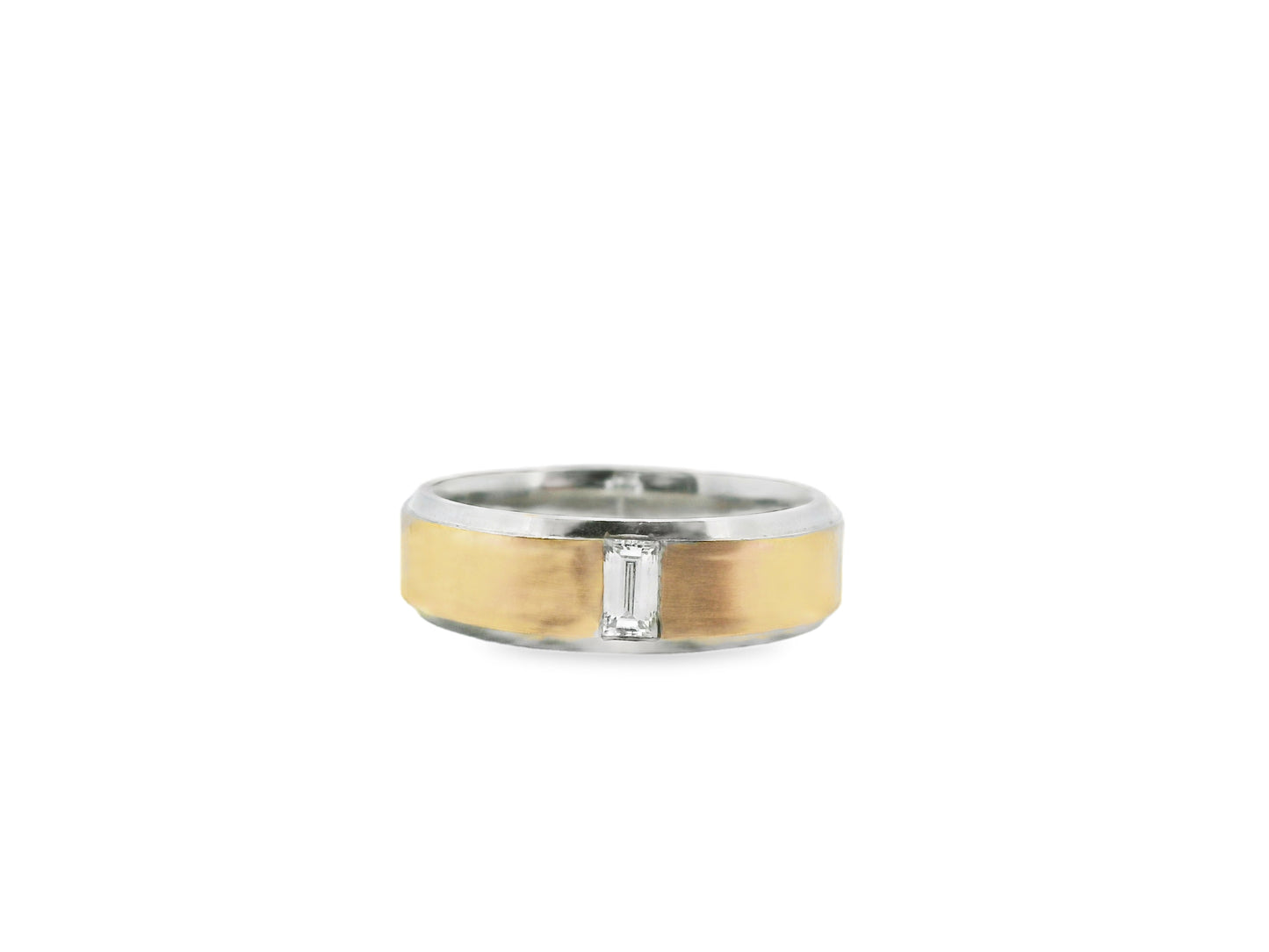Two Tone Men's Wedding Ring with baguette-Cut Diamond in 14K Rose and White  Gold