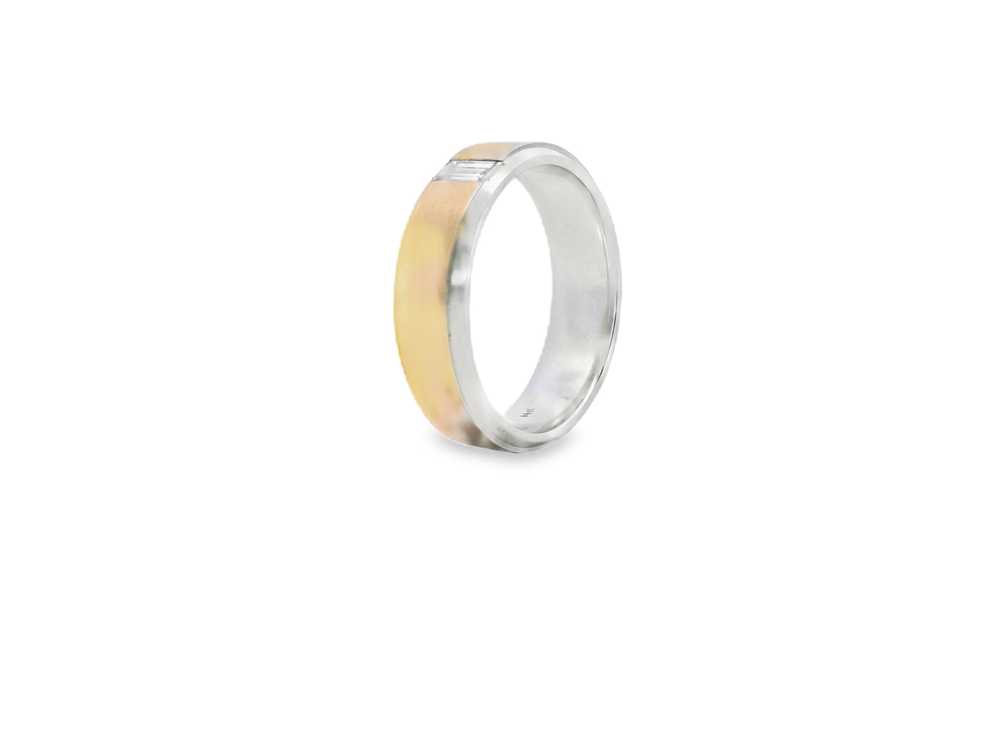 Two Tone Men's Wedding Ring with baguette-Cut Diamond in 14K Rose and White  Gold