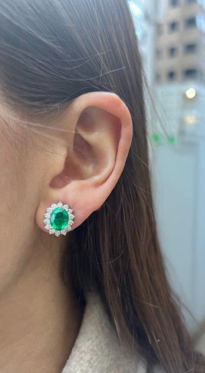 Oval-Cut Green Emerald and Diamond Halo Stud Earrings