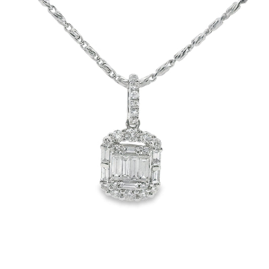 Round and Baguette Cut Diamond Pendant in 14K White Gold