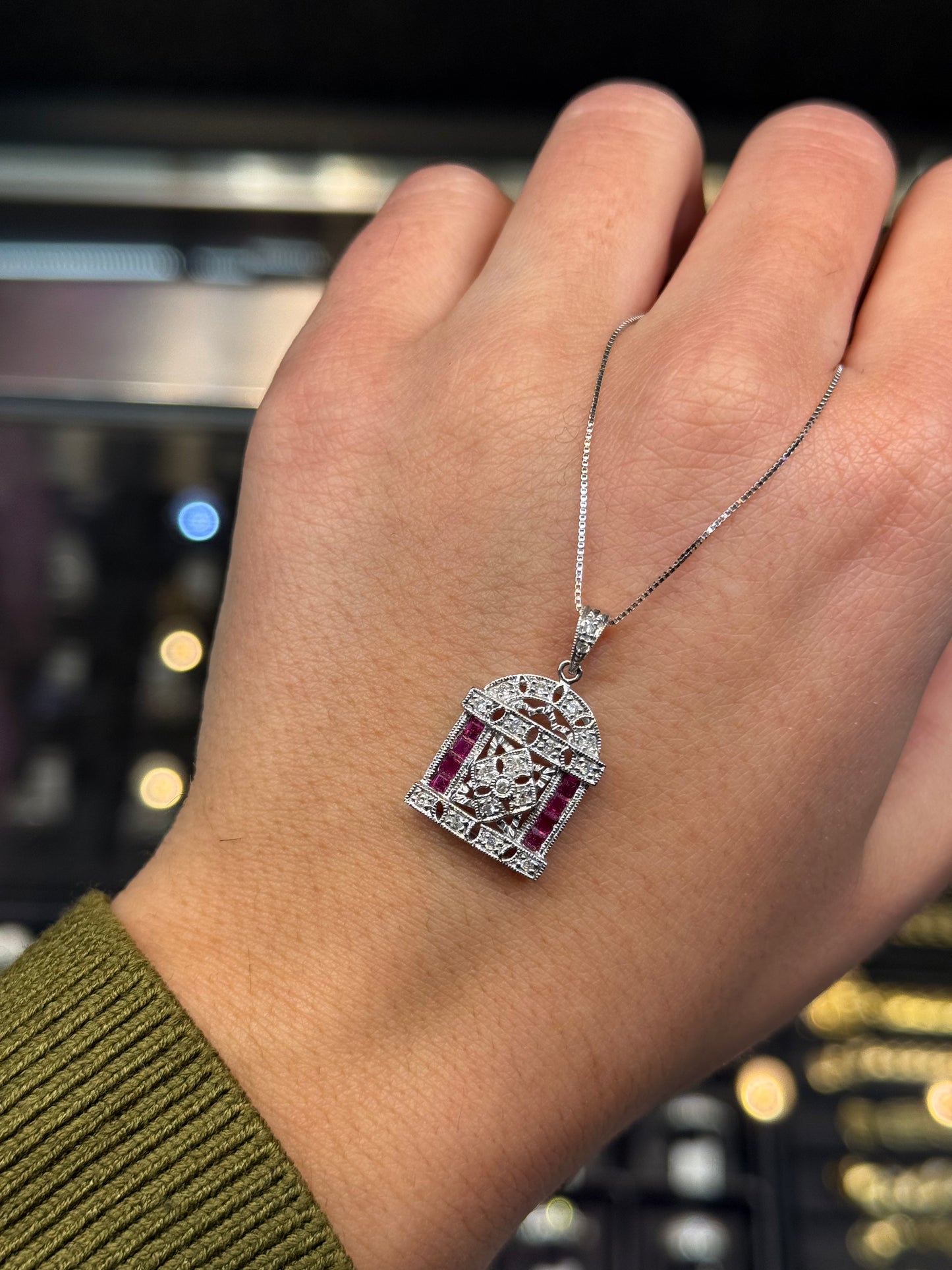 Vintage Style Pendant with Diamond and Ruby in 14K White Gold