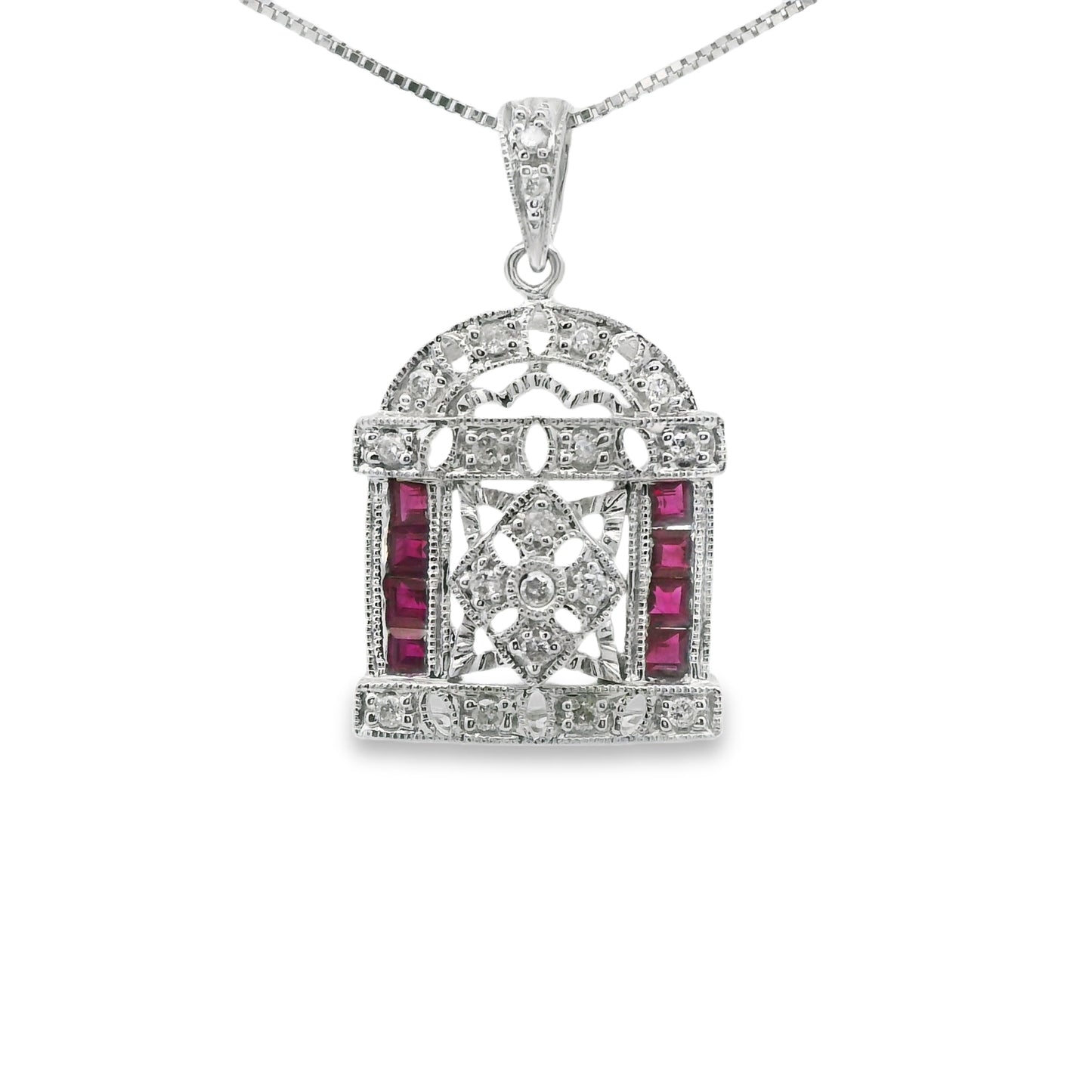 Vintage Style Pendant with Diamond and Ruby in 14K White Gold