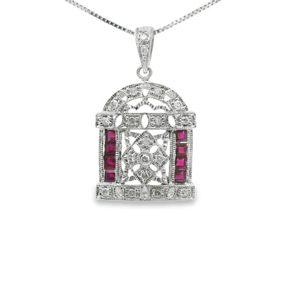 Vintage Style Pendant with Diamond and Ruby in 14K White Gold