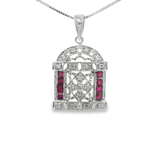 Vintage Style Pendant with Diamond and Ruby in 14K White Gold